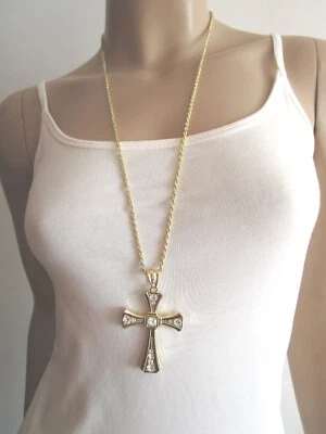 Damen Hals Kette Modekette Modeschmuck lang Gold XL Anhänger Strass Kreuz k297j8 - Bild 1 von 4
