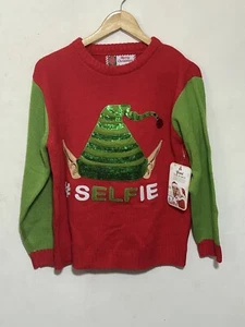 Suéter de Navidad feo para mujer mediano selfie elfo rojo verde lentejuelas nuevo con etiquetas - Imagen 1 de 4