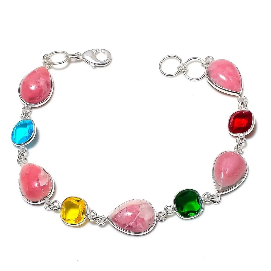 Natural Rhodochrosite Gemstone 925 Sterling Silver Jewelry Bracelet Sz 7-8" - Image 1 of 1