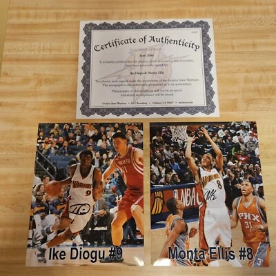 Lote de 2 fotos firmadas de novato Warriors Ike Diogu Monta Ellis con certificado de equipo Foto 1 de 4