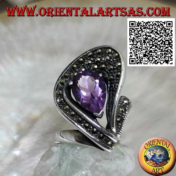 Anello in Argento 925‰ ventaglio di marcassite con ametista di sintesi a goccia  - Immagine 1 di 1