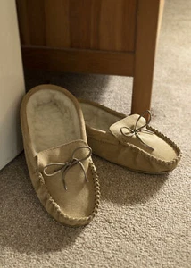 Herren Damen UK hergestellt beige Wolle Wildleder Mokassins Hausschuhe Gummisohle Lammfell - Bild 1 von 11