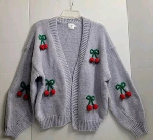 NWT Luna Ivy Cottagecore Oversized Chunky Knit Open Cardigan 3D Cherry 🍒 Medium - Picture 1 of 14