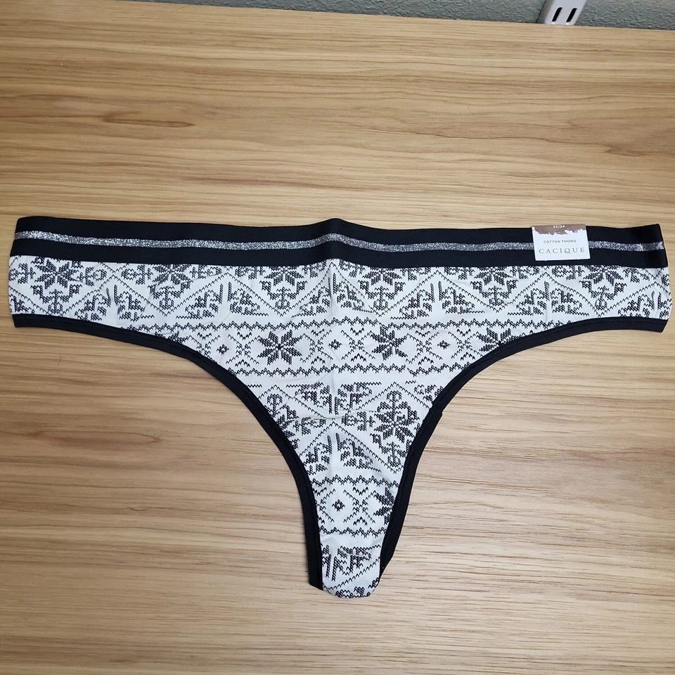 Cacique Womens Black White Cotton Wide Strap Thong Bikini Bottom Size 22/24 - Image 1 of 4