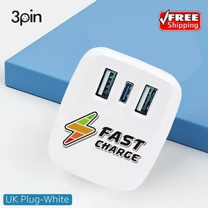 3 PIN Mains Wall Plug Fast Charging Adapter 3.1A Dual USB Port + PD 18 Wat - Picture 1 of 9