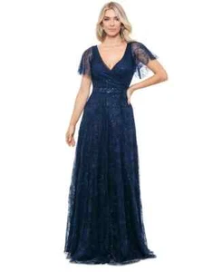 Betsy & Adam V-Neck Short-Sleeve Sequined Lace Dress Women's 6 Navy Back Zip - Picture 1 of 17