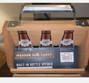 Wooden Bottle Beer Carrier - Bottle Caddy with Bottle Opener 6 Pack Beer Crate - Picture 1 of 5