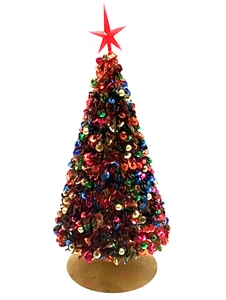 Vintage Beaded Sequin Christmas Tree Table Top MCM Brass Base Added Vtg Star 12" - Picture 1 of 5