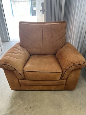 Oversized Suede Leather Chair & Gray Stripe Sectional Sofa. Both Comfy & Clean - Image 1 of 2