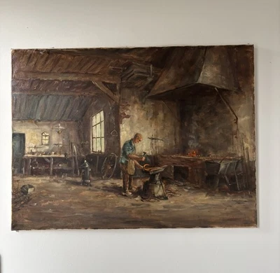 Pintura a óleo antiga ferreiro de tamanho grande em cena de forja ca. 1900 Industrial - Imagem 1 de 4
