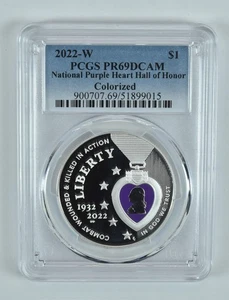 2022-W Purple Heart Commemorative Dollar Colorized PR69 DCAM PCGS - Picture 1 of 5
