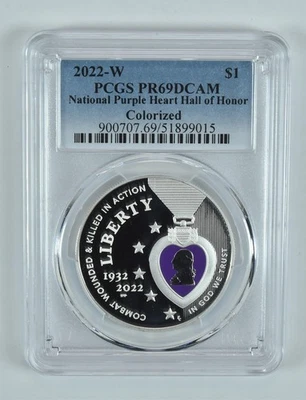 2022-W Purple Heart Commemorative Dollar Colorized PR69 DCAM PCGS - Image 1 of 4