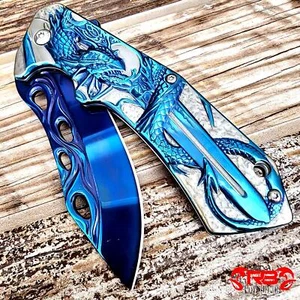 8" Fantasy Blue DRAGON Tactical SPRING ASSISTED Open Folding Blade Pocket Knife - Picture 1 of 4
