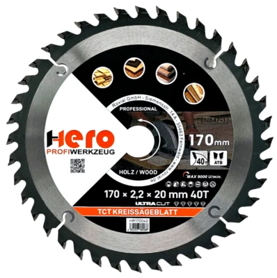HERO PROFIWERKZEUG Kreissägeblatt 170 x 20/16 mm 40Z Profi HM Sägeblatt TCT Sägeblätter Holz HERO