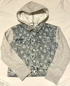 Blue Denim Jean Jacket Hooded Hearts Girls Size M 7/8 - Picture 1 of 5