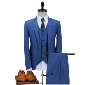 Blue Men 3 Piece Suit Peak Lapel Formal Tuxedo Wedding Suit Party Prom Suit - Picture 1 of 8