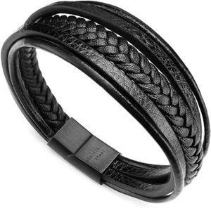 Bracciale Uomo Cuoio Pelle Nero Full Black Treccia Chiusura Magnetica Idea Regal - Foto 1 di 4