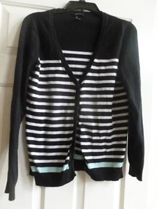 Young Womens Forever 21 Cardigan Sweater, Black, White with aqua bottom stripe - Picture 1 of 4