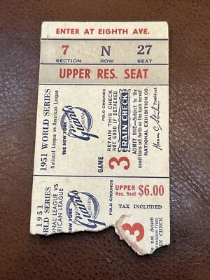 1951 World Series Gm 3 Ticket Yankees NY Giants  RC Willie Mays  1st Hit - Image 1 of 2