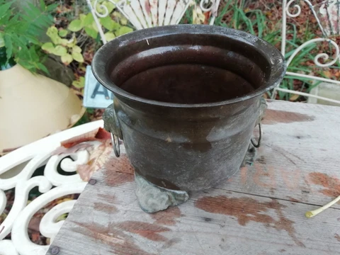 Vintage  Brass Footed Planter Flower Pot Lion Mask & Ring Handles 10cm x 13.5cm Cover