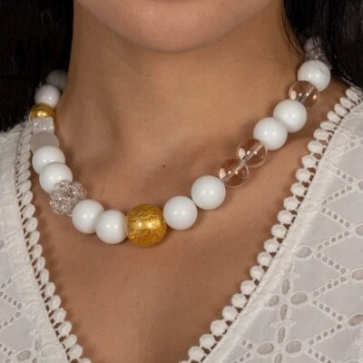 Statement Kette Achat Weiß  Murano Gold Bergkristall Halskette Necklace White - Bild 1 von 3