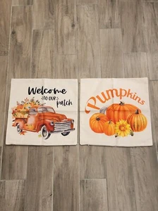 2 Canvas Fall Zip Pillow Case Red Yellow Orange 17"×17" Pumpkin Old Farm Truck - Picture 1 of 13