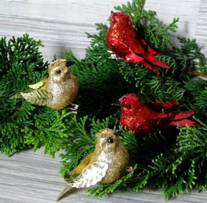 4 Vögelchen a.Clip--rot/gold--Christbaumschmuck--Mini Vogel--Baumschmuck - Bild 1 von 6
