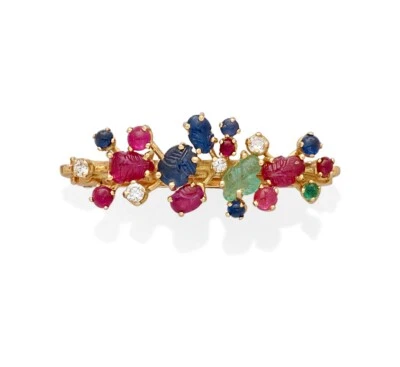 Clip de corbata de diamantes y piedras preciosas talladas en oro amarillo de 18k 1-1/2" 8,60 g Foto 1 de 4