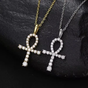 D Color Round Moissanite Cross Pendant Necklace Men Women Chain 18K Gold Plated - Picture 1 of 21