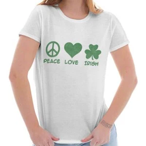 St Patrick's Day Peace Love Irish Clover Womens Top Junior Graphic Tee - Picture 1 of 11