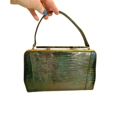 Cartera vintage de mediados de siglo con asa superior negra/marrón piel de lagarto cuero texturizado Foto 1 de 4