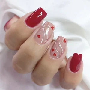 24x Valentines Day False Nail Heart Lines Artificial Nail Glossy Press On Nail - Picture 1 of 8