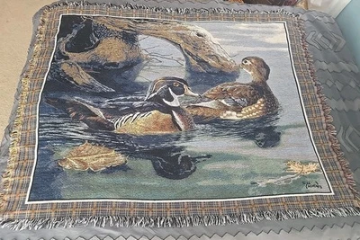 Blanket Throw W/Ducks Fall Autums Colors Plaid Border Fringe Cabin Lodge Nature - Image 1 of 4