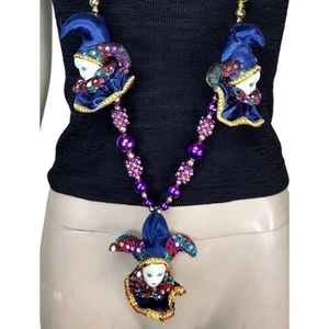 VTG Porcelain Jester Hand Painted Colorful Mardi Gras Beads Sequins Necklace NEW - Picture 1 of 5