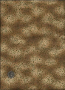 Nice Teal Green Swirl & Star Like Print on golden tan Fabric by Hoffman - Picture 1 of 1