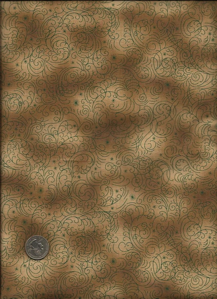 Nice Teal Green Swirl & Star Like Print on golden tan Fabric by Hoffman - Image 1 of 1