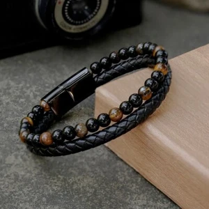 Men's Tiger Eye Onyx Leather Braided Bracelet Magnetic Clasp Bangle Wristband - Picture 1 of 4