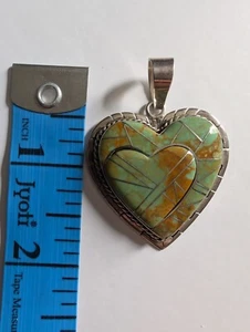 Vintage Ray Tafoya RT green Turquoise Inlay double heart pendant 925 sterling - Picture 1 of 5