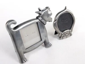 Mini Dog Picture  Frames Lot 2 Metal Pewter Tone 1 Oval 1 Square Stand Up - Picture 1 of 7