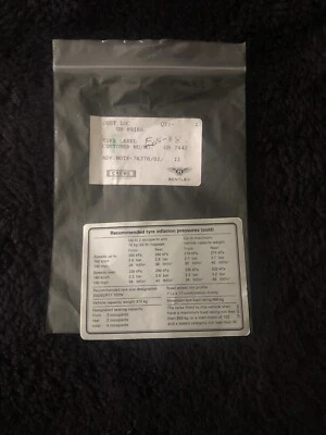 Etiqueta de especificación de neumáticos Bentley Azure Continental R 1996-03 UB89166 OEM NOS NLA Foto 1 de 3