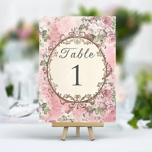 Vintage Style Wedding Table Numbers Names Cards - Shabby Chic Pink Flowers Frame - Picture 1 of 7