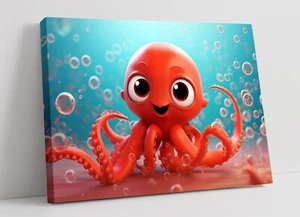NIEDLICHER ROTER OCTOPUS MIT BLASEN, PIXAR-STIL - TIEF GERAHMTER LEINWANDKUNSTDRUCK - Bild 1 von 2