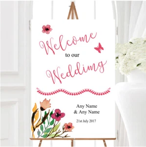 Handwriting Font Watercolour Floral Pink Personalised Welcome Wedding Sign - Picture 1 of 1