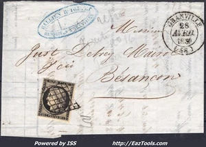 FRANCE N°3 SUR LETTRE INCOMPLETE GRILLE + CAD TYPE 14 DE GRANVILLE DU 28/04/1850 - Picture 1 of 2