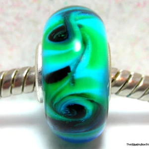 Turquoise Blue with Black & Green swirls Murano Glass European Bracelet Bead - Picture 1 of 4