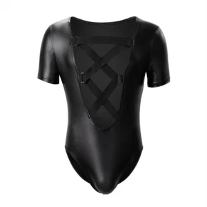 Sexy Men's Shapewear Leather Patchwork Side Mesh Crossover Bodysuit Clothes - Picture 1 of 12