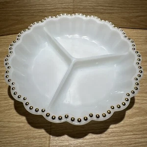 Vintage FIRE KING White Milk Glass 3 Divided Relish Desert Dish w/ Gold Trim - Picture 1 of 9