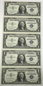 Serie 1957 conjunto de 5 billetes certificados de plata de un dólar serie consecutiva - Imagen 1 de 2