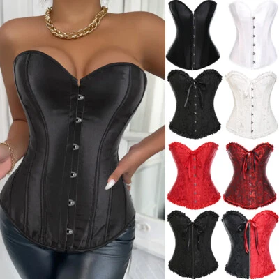 Women Plus Size Satin Lace up Boned Overbust Corset Costume Burlesque Top Outfit - Image 1 of 4
