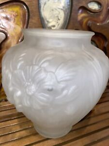 Vintage Frosted Glass Vase Bowl With Flowers Signed